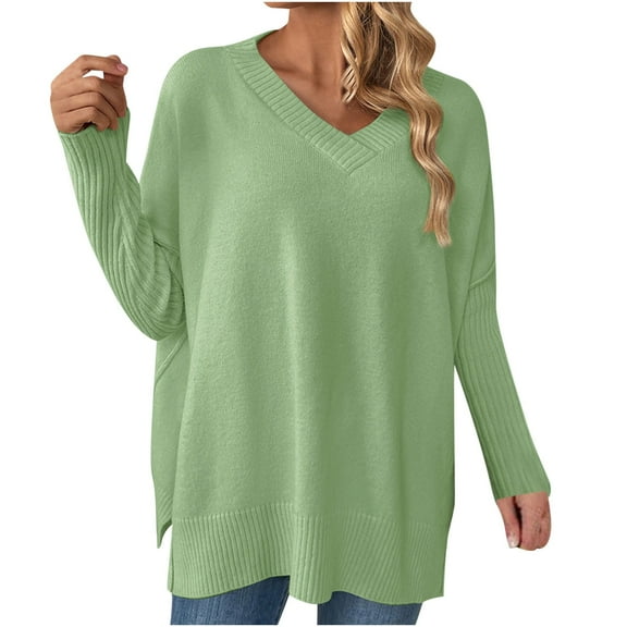 UTSJKR Fall Knit Sweaters for Women 2024 Fashion Clothing Classic Solid V Neck Pullover Tops Casual Loose Fit Cozy Oversized Jumper Knitwear Long Sleeve Patchwork Sweaters Green M