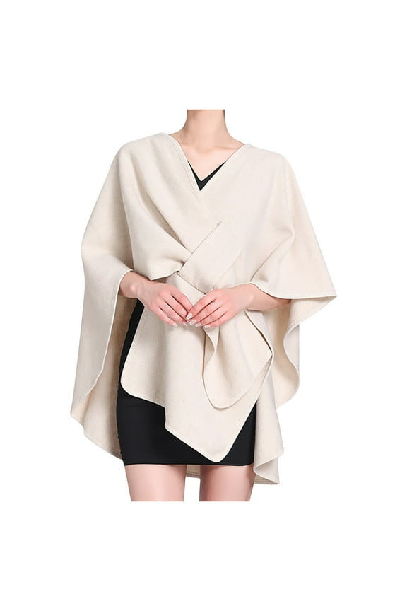 Fall Shawl Wrap Poncho Jackets for Women Casual Batwing Solid Pashminas for Party Dress Elegnat V Neck Wrap Cloak Coat Beige