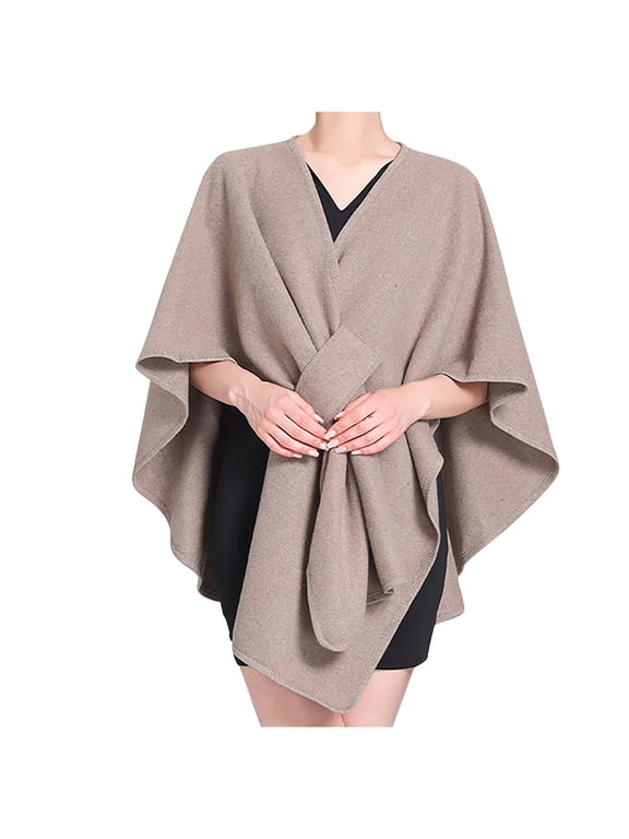 Fall Shawl Wrap Poncho Jackets for Women Casual Batwing Solid Pashminas for Party Dress Elegnat V Neck Wrap Cloak Coat Khaki