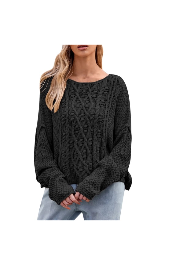 Fall Winter Sweaters for Women Cable Knit Solid Crew Neck Pullover Tops Casual Loose Fit Oversized Jumper Long Sleeve Going Out Sweaters 2024 Fashion Clothing Black S