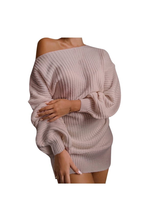 Fall Winter Sweaters for Women Lantern Sleeve Long Sleeve Sweaters 2024 Fashion Solid Off Shoulder Crew Neck Pullover Tops Ribbed Knit Oversized Jumper Dressy Pink L