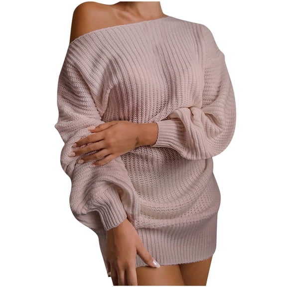 UTSJKR Fall Winter Sweaters for Women Lantern Sleeve Long Sleeve Sweaters 2024 Fashion Solid Off Shoulder Crew Neck Pullover Tops Ribbed Knit Oversized Jumper Dressy Pink L