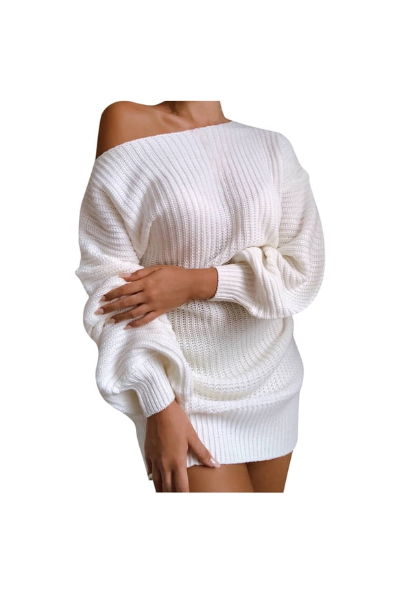 Fall Winter Sweaters for Women Lantern Sleeve Long Sleeve Sweaters 2024 Fashion Solid Off Shoulder Crew Neck Pullover Tops Ribbed Knit Oversized Jumper Dressy White S