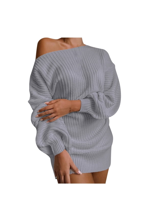 Fall Winter Sweaters for Women Lantern Sleeve Long Sleeve Sweaters 2024 Fashion Solid Off Shoulder Crew Neck Pullover Tops Ribbed Knit Oversized Jumper Dressy Gray M