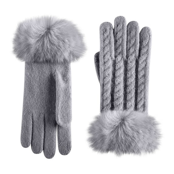 UTSJKR Faux Fur Full Finger Gloves Winter Knit Gloves Warm Fluffy Mittens Cable Knit Casual Solid Color Glove for Women Gray
