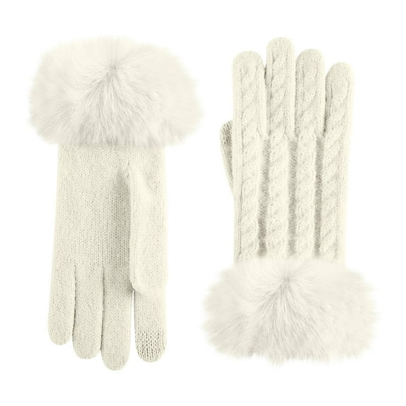UTSJKR Faux Fur Full Finger Gloves Winter Knit Gloves Warm Fluffy Mittens Cable Knit Casual Solid Color Glove for Women White
