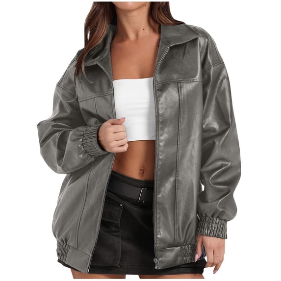 UTSJKR Faux Leather Jacket Womens Oversized Motorcycle Bomber Coats Lapel Zip Up Fall Fashion Outfits Winter Clothes Gray L