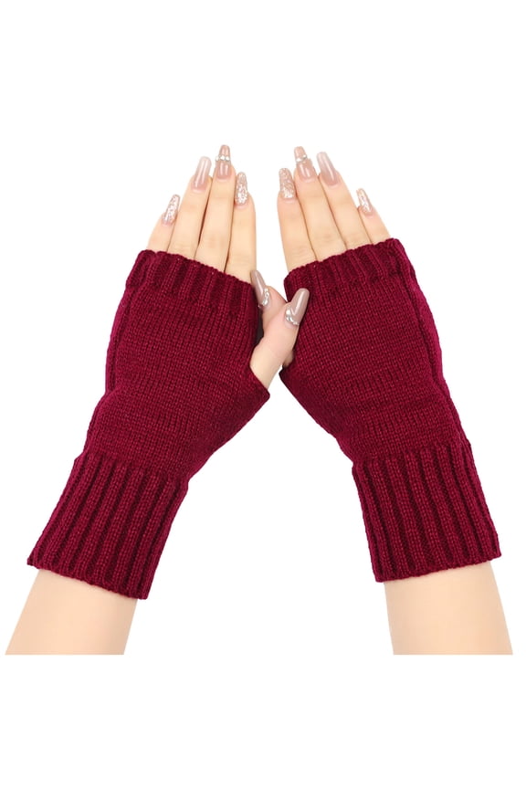 Fingerless Gloves for Women & Men Thumb Hole Cozy Half Fingerless Driving Gloves Knit Mittens Warm Wine