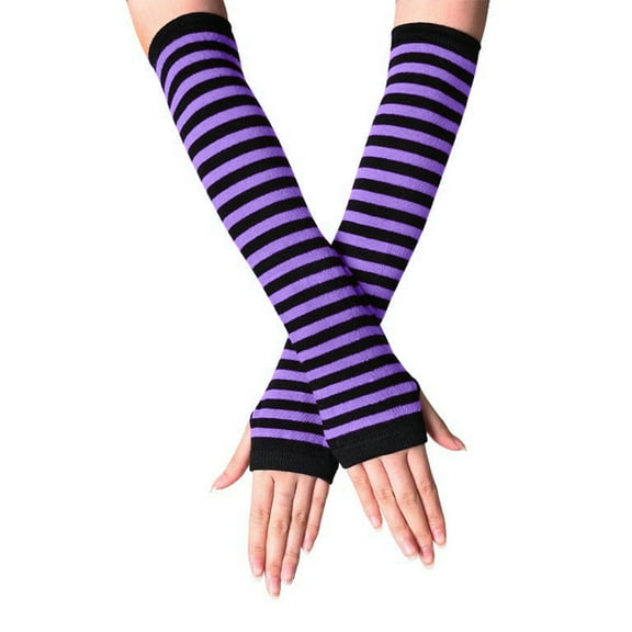 UTSJKR Fingerless Long Sleeve Mittens Gloves Y2K Kawaii japanese harajuku Gothic Punk Knitted Striped Arm Warmer for Women Purple