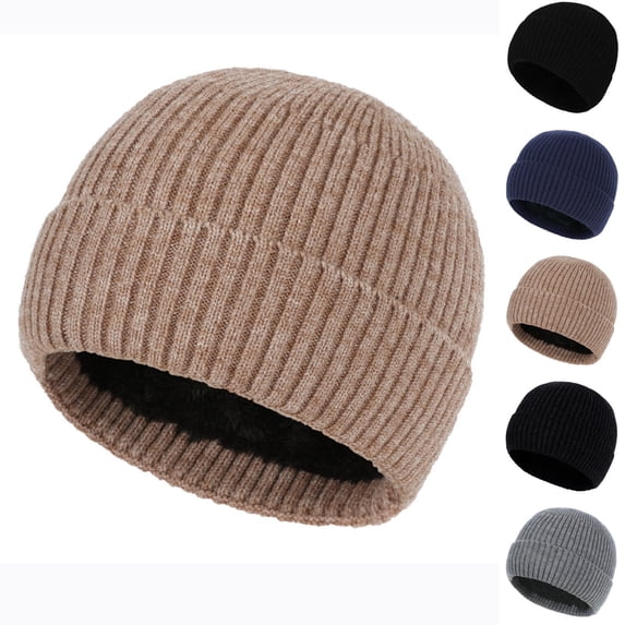 UTSJKR Fleece Lined Cuffed Beanie Hat for Men Women Classic Ribbed Knitted Winter Wool Beanies Cap Solid Warm Skullies Hats Dark Blue