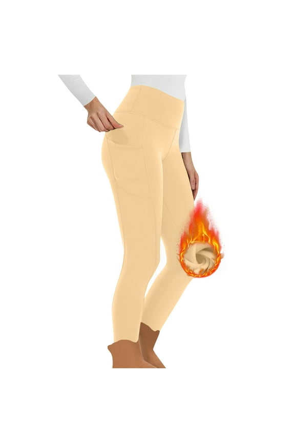 Fleece Lined Winter Tights for Women with Pockets, High Waisted Thermal Stretchy Warm Thick Leggings Beige XL