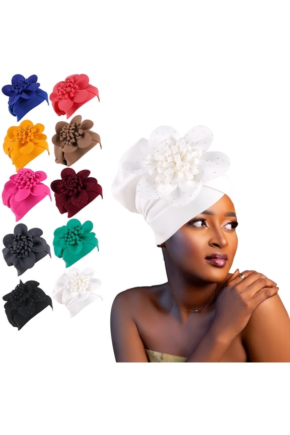 Flower Turbans Cap Pearl Knot Headwarp Beanie Pre Tied Head Cover Bonnet Women Muslim Stretchy Pleated Headscarf Hat Blue