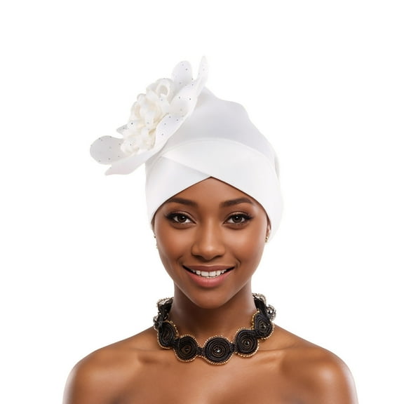 UTSJKR Flower Turbans Cap Pearl Knot Headwarp Beanie Pre Tied Head Cover Bonnet Women Muslim Stretchy Pleated Headscarf Hat White