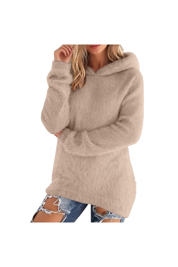 Fluffy Fuzzy Hoodies Sweatshirts for Women Casual Crewneck Loose Long Sleeve Pullover Tops Winter Warm Baggy Jumper Sweaters Khaki XXL