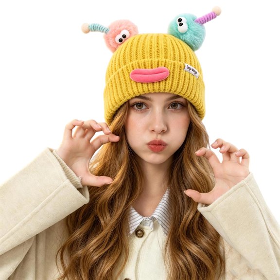 UTSJKR Funny Monster Antenna Knit Beanie for Adults Cute Cartoon Sausage Mouth Cuffed Ribbed Winter Hat, Novelty Warm Knitted Cap for Party Yellow
