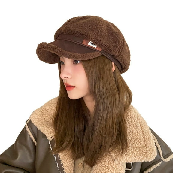 UTSJKR Fuzzy Trendysboy Cap for Women Faux Fur Warm Winter Hat Trendy Fluffy Octagonal Hat Outdoor Plush Berets Hat Coffee