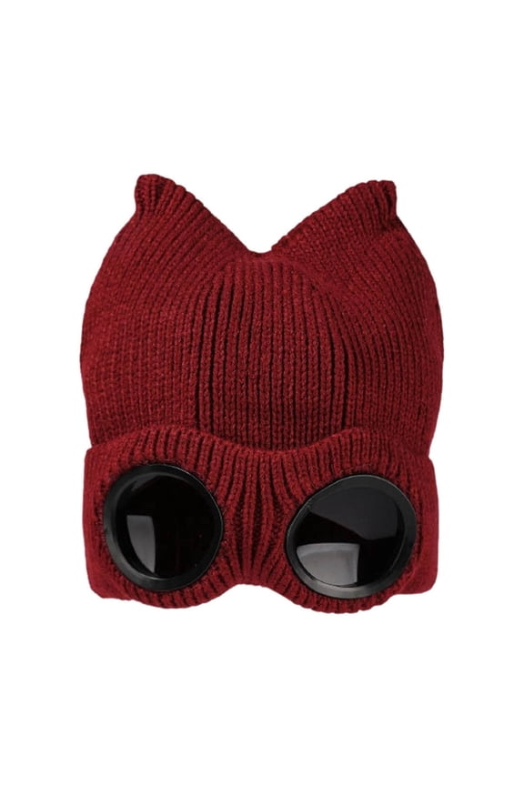Girls Fashion Cartoon Glasses Decor Knit Hat, Thick Warm Ear Protection Design, Outdoor Play Cold Resistant Autumn Winter Cute Headwear Wine