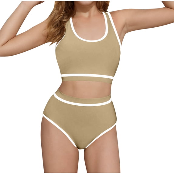 UTSJKR Girls Swimsuit Wide Strap High Waisted Bikini Sets Colorblock Sporty 2 Piece Bathing Suit for 6-16 Years Khaki 12-13Years