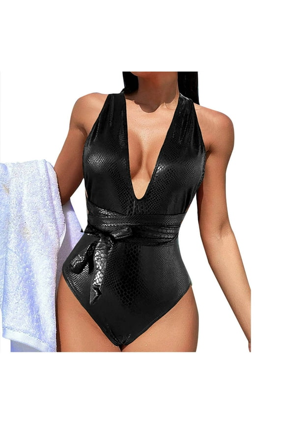 Glossy Swimsuits Deep V One Piece Swimwear for Women Bowknot Lace up Shiny Bathing Suit Sexy Tummy Control Monokini Black XL