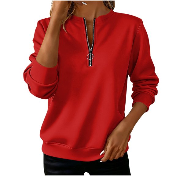 UTSJKR Half Zip Crewneck Sweatshirts for Women Long Sleeve Loose Business Casual Blouse Dressy Ladies Pullover Tunic Tops Red M