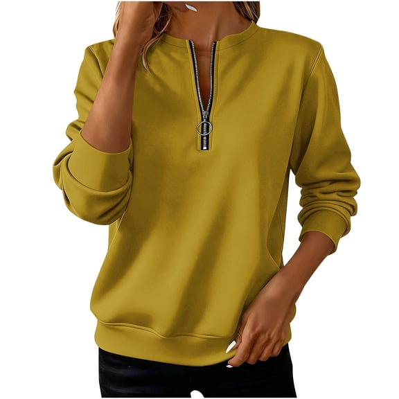 UTSJKR Half Zip Crewneck Sweatshirts for Women Long Sleeve Loose Business Casual Blouse Dressy Ladies Pullover Tunic Tops Yellow M