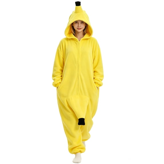 UTSJKR Halloween Pajamas Unisex Flannel Zip up Holiday Funny Spooky Onesie Winter Warm Funny Novelty Cute Banana Custom Cosplay Yellow S
