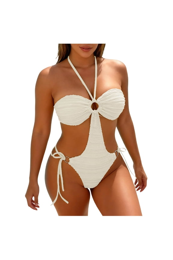 Halter One Piece Swimsuit for Women Cheeky String Tie Side Monokini Tummy Control Bathing Suit Sexy Swimwear White S