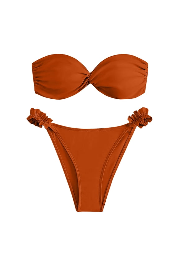 High Cut Bikini Sets for Women Knot Front Bandeau Two Piece Swimsuit Strapless Bikini Set Bathing Suit Orange L