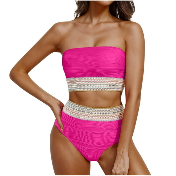 UTSJKR High Waisted Bandeau Bikini Set - Women Strapless Two Piece Swimsuits Ribbed Longline Full Coverage Bathing Suits Swimwear Hot Pink S