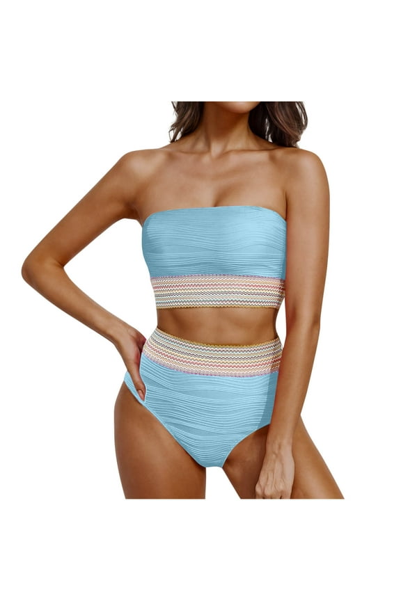 High Waisted Bandeau Bikini Set - Women Strapless Two Piece Swimsuits Ribbed Longline Full Coverage Bathing Suits Swimwear Light Blue XL