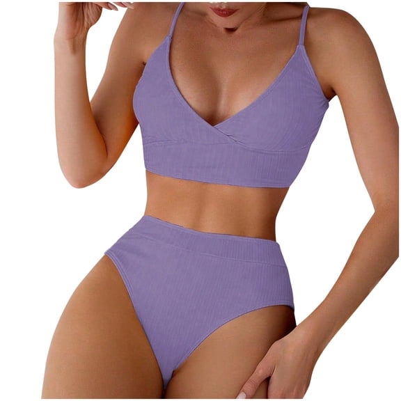 UTSJKR High Waisted Bathing Suits for Women Sexy Solid Two Peice Tummy Control Swimsuit V Neck Plus Size Swimwear Bikini Purple S