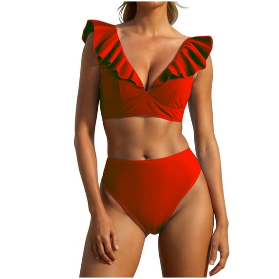 UTSJKR High Waisted Bikini Sets for Women Ruffle Sleeve Two Piece Swimsuit Tummy Control Bathing Suit Solid Color Swinsuits Red L
