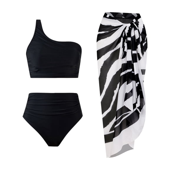 UTSJKR High Waisted Bikini Sets for Women with Cover Up Full Coverage Modest Swimwear Bathing Suits 3 Piece Tummy Control Black 8-10