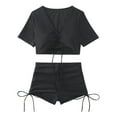 thumbnail image 1 of UTSJKR High Waisted Tummy Control Drawstring Bikini Set Srting Swimsuit Short Sleeve Top and Tie Side Shorts 2 Piece Black L, 1 of 1
