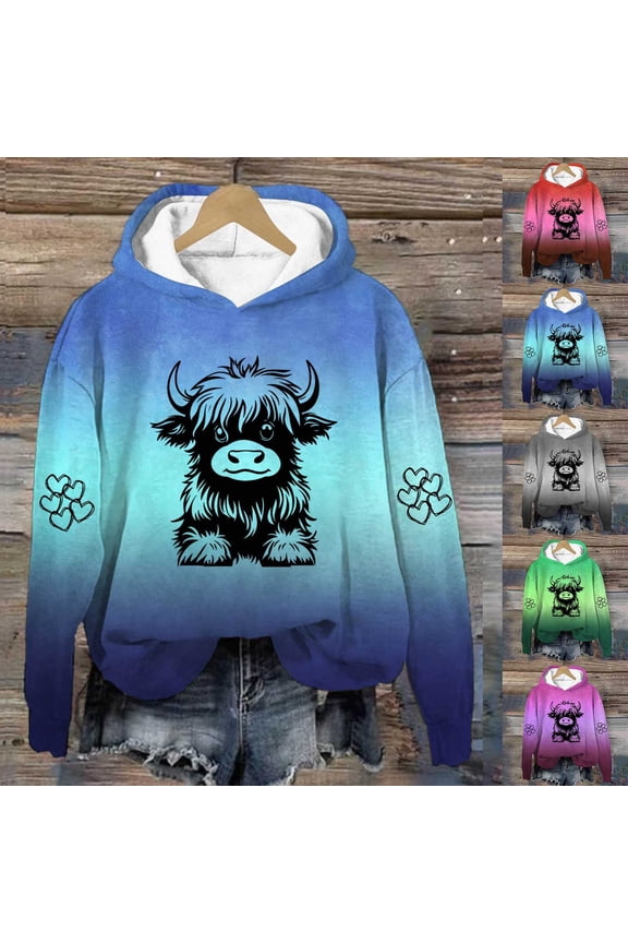 Highland Cow Sweatshirt for Women Cute Cow Graphic Pullover Tops Girls Cowgirl Long Sleee Hooded Sweat Shirt Hot Pink L