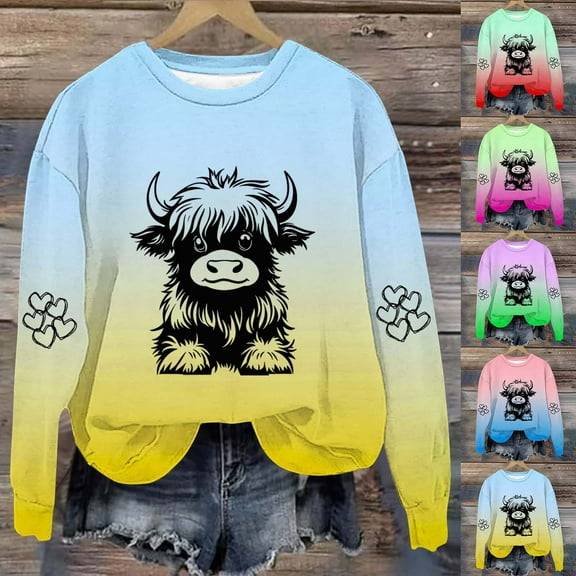 UTSJKR Highland Cow Sweatshirts for Women Gradient Cow Sweatshirts for Women Western Cow Print Shirt Crewneck Country Western Sweatshirt Green L