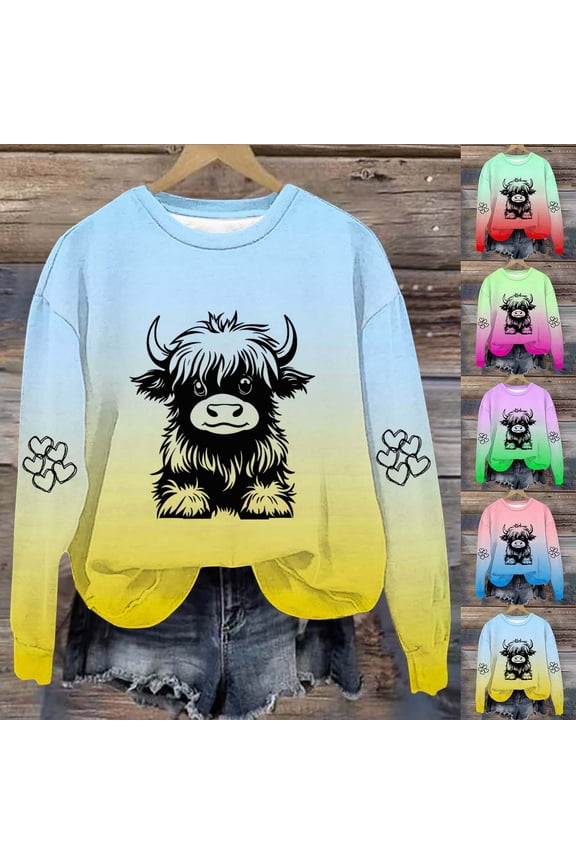 Highland Cow Sweatshirts for Women Gradient Cow Sweatshirts for Women Western Cow Print Shirt Crewneck Country Western Sweatshirt Red M
