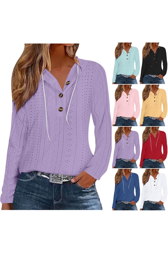 Hoodies for Women Long Sleeve Eyelet Tops Button Casual Loose Fit Shirts Fashion Lightweight Pullover Light Blue L