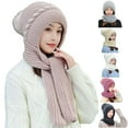 thumbnail image 1 of UTSJKR Integrated Ear Protection Windproof Cap Scarf, Winter Warm Cable Knitted Pompom Hat Thicken Ear Hooded Scarf for Women Black, 1 of 4