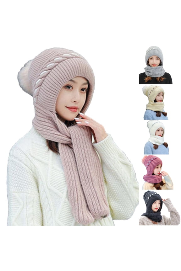 Integrated Ear Protection Windproof Cap Scarf, Winter Warm Cable Knitted Pompom Hat Thicken Ear Hooded Scarf for Women Pink