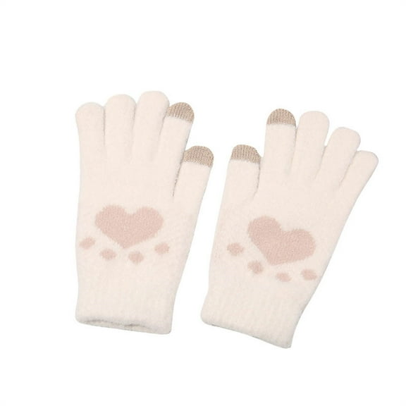 UTSJKR Knit Gloves Women Fall Winter Full Fingers Stretchy Cute Heart Paw Pad Pattern Warm Gloves For Working Running Biking White