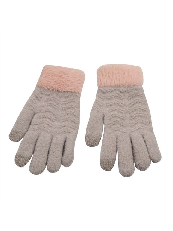 Knit Gloves for Women Winter Plush Warm Touchscreen Fingers Elastic Cuff Soft Comfy Fleece Glove for Cold Weather Gray