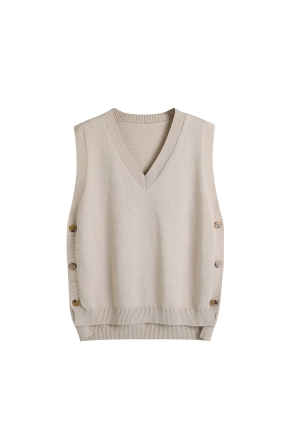 Knit Sweater Vests for Women Fall Sleeveless Sweaters 2024 Fashion Clothing Classic Solid V Neck Pullover Tops Casual Loose Side Buttons Knitwear Khaki XL