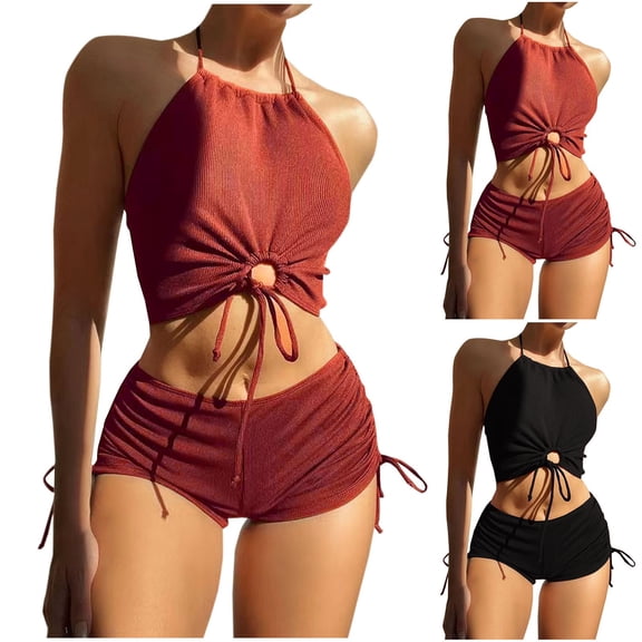 UTSJKR Knitted Fashion Swimsuits for Women Halter Tops Backless Shorts Bathing Swimwear Comfy Feel Y2k 2 Piece Swimwear Wine L
