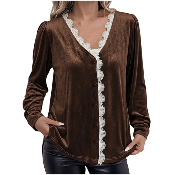 UTSJKR Lace Trim Velvet Jackets for Women Long Sleeve Vintage Loose Casual Button Down V Neck Velour Outerwear Brown M