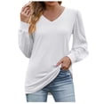thumbnail image 1 of UTSJKR Ladies Mesh Patchwork Tunics Blouses 2024 Fashion Elegant Solid Shirts V Neck Blouses Comfy Loose Fit Tops Fall Basic Puff Long Sleeve Tunic Tops White M, 1 of 4