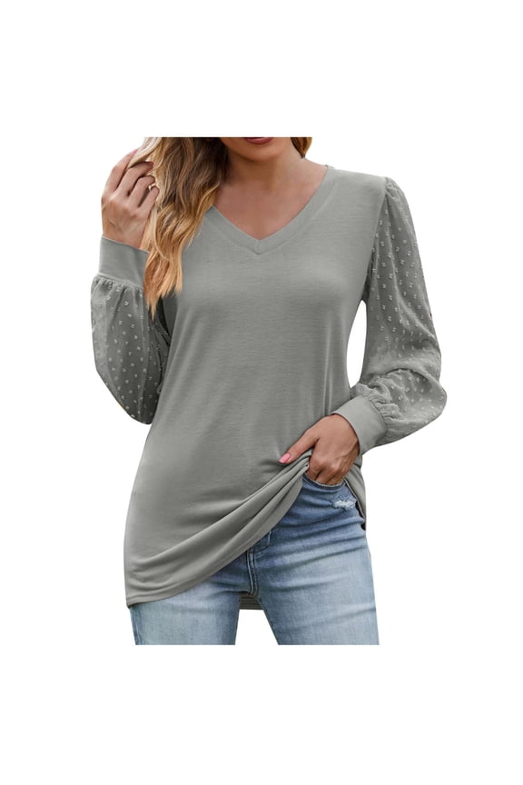 Ladies Mesh Patchwork Tunics Blouses 2024 Fashion Elegant Solid Shirts V Neck Blouses Comfy Loose Fit Tops Fall Basic Puff Long Sleeve Tunic Tops Gray S