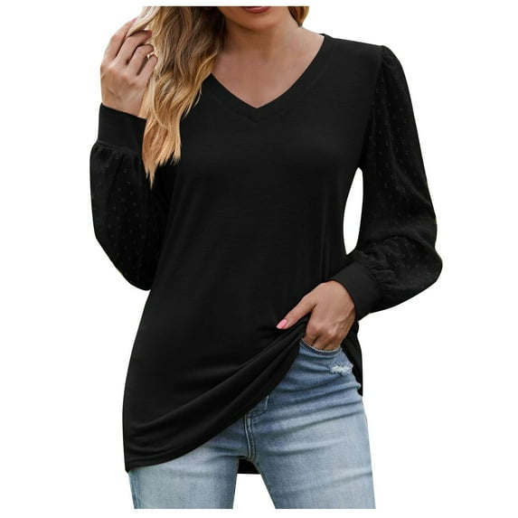 UTSJKR Ladies Mesh Patchwork Tunics Blouses 2024 Fashion Elegant Solid Shirts V Neck Blouses Comfy Loose Fit Tops Fall Basic Puff Long Sleeve Tunic Tops Black S