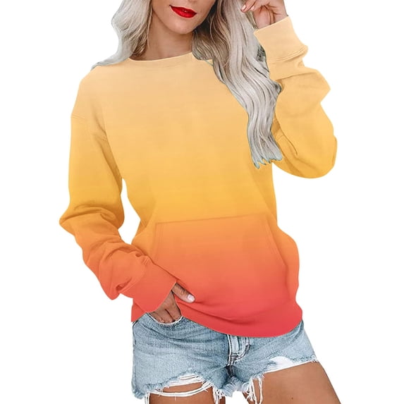 UTSJKR Ladies Ombre Sweatshirts Fashion Fall Basic Long Sleeve Sweatshirts 2024 Trendy Gradient Color Shirts Crew Neck Tops Casual Comfy Loose Fit Blouse Orange S