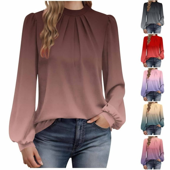 UTSJKR Lantern Sleeve Gradient Tops for Women Elegant Keyhole Back Business Casual Blouse Dressy Loose Ladies Office Shirts Red S